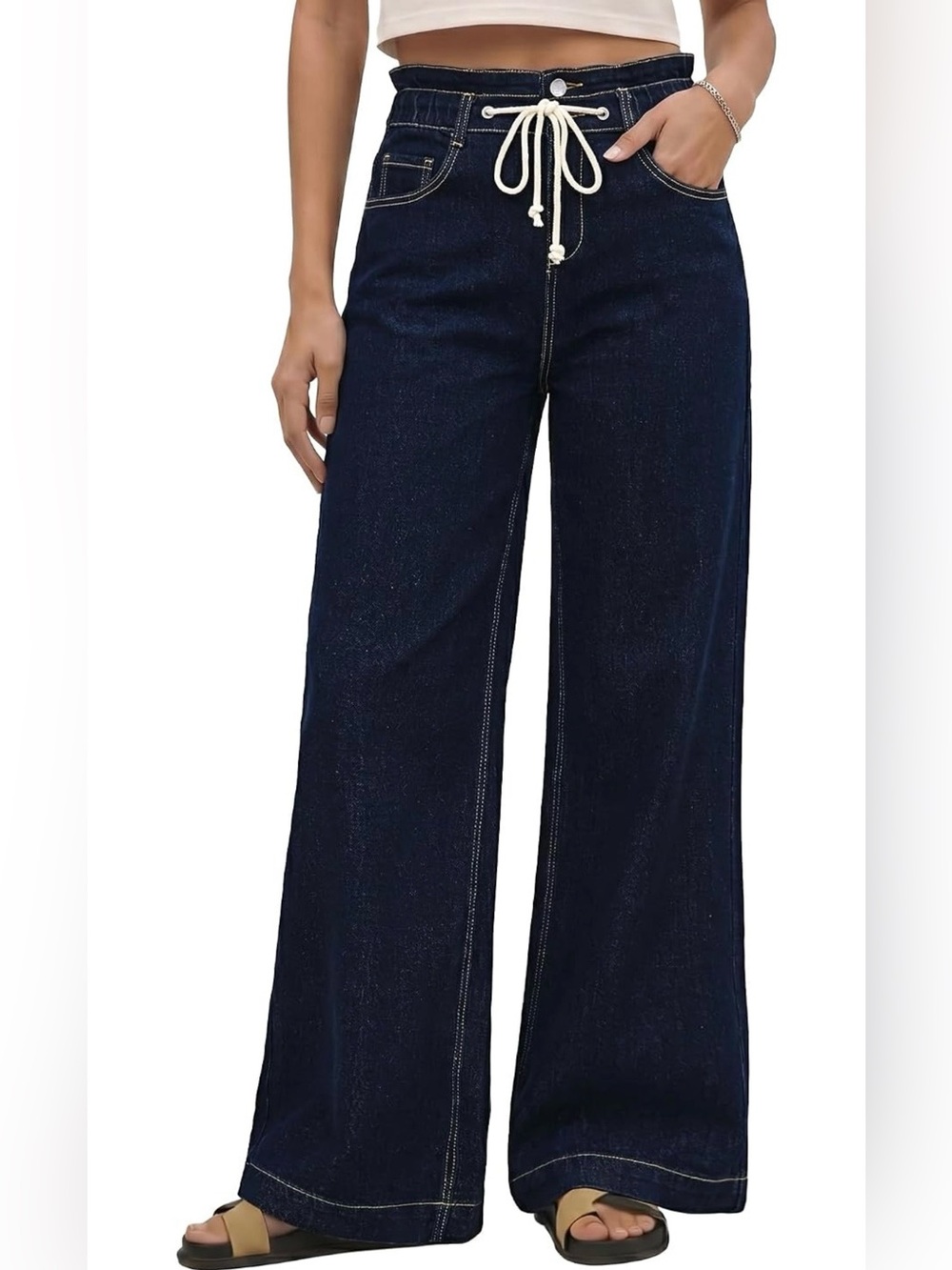 High-Rise Wide Leg Jeans in Dark Navy with Drawstring